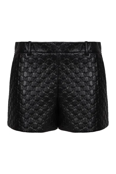 Gucci Leather Shorts With Gg Embossing In Black