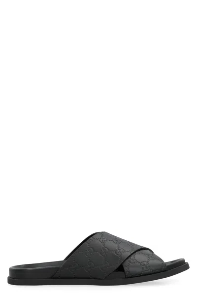 Gucci Leather Slide Sandals With Shaped Sole In Black