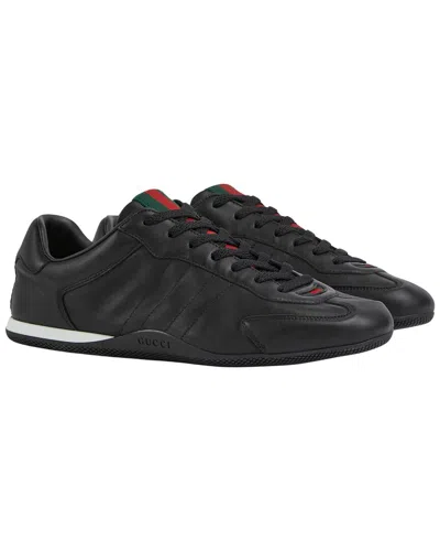 Gucci Men Black Low Top Sneakers With Web Tongue In Leather Man