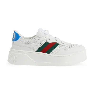 Gucci Kids' Leather Sneaker With Web In White