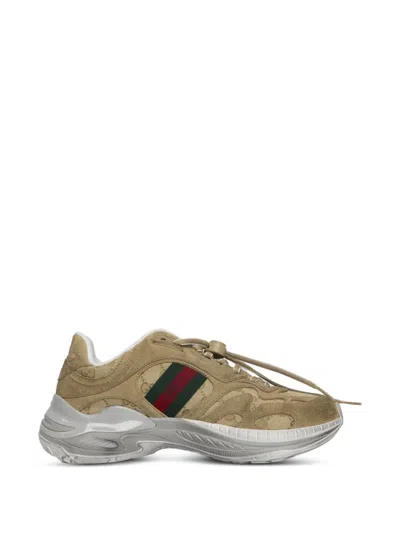 Gucci Monogram Stripe Leather Low Top Sneakers In Brown