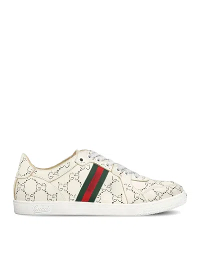 Gucci White Stretch Sneakers With Laser-cut Gg Motif In Multi