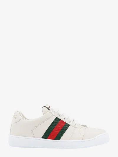 Gucci Leather Sneakers With Lateral Web Band In White