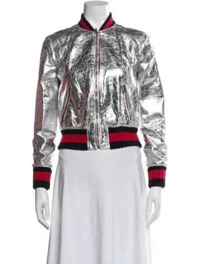 Pre-owned Gucci Leather Striped Bomber Jacket