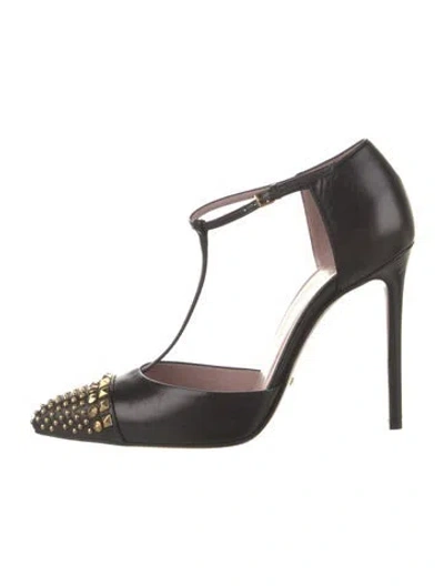 Pre-owned Gucci Leather Studded Accents T-strap Pumps In Black
