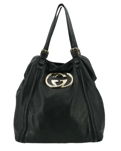Gucci Leather Tote Bag Big Gg Logo (authentic Pre-loved) In Black