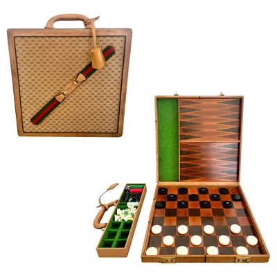 Pre-owned Gucci Leather Travel Multi-game Set, 1980s Italy In Brown