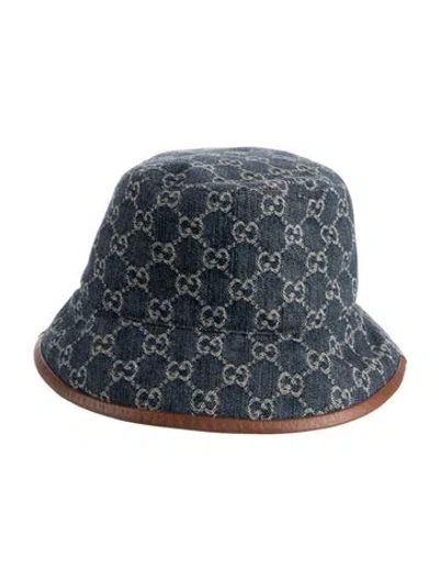 Pre-owned Gucci Leather Trim Accent Logo Pattern Print Bucket Hat In Blue/brown