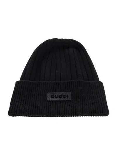 Pre-owned Gucci Leather Trim Wool Knit Beanie W/tags In Black