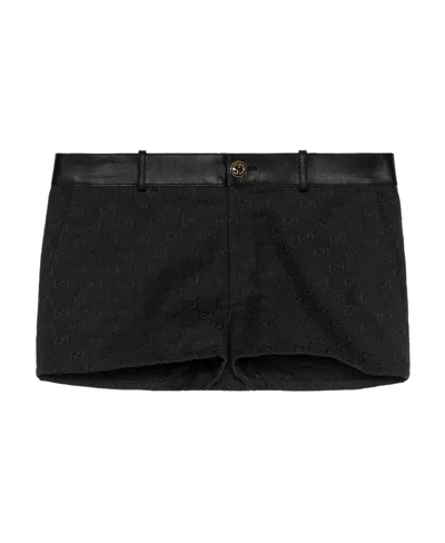 Gucci Leather-trimmed Monogram Shorts In Black