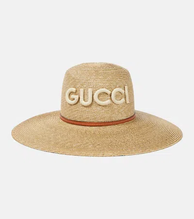 Gucci Leather-trimmed Raffia Sun Hat In Beige/new Acero+harn