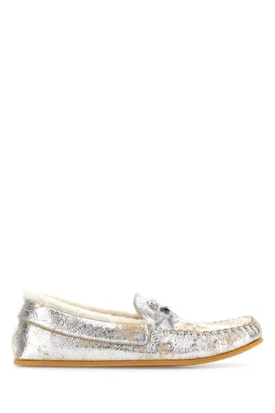 Gucci Leather Upper And Rubber Sole Moccasin In Silver