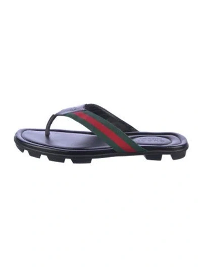 Pre-owned Gucci Leather Web Thong Sandals Interlocking G Logo Flip Flops In Black
