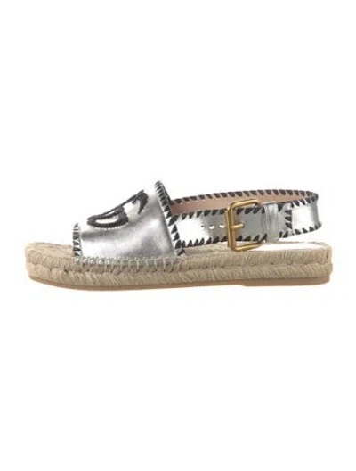 Pre-owned Gucci Leather Whipstitch Trim Espadrilles In Silver