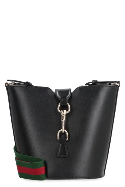 Gucci Leather With Web Strap Bucket Bag In Black