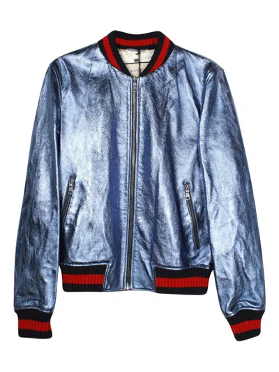 Pre-owned Gucci Leather Zip-up Bomber Jacket In Blue