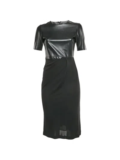 Pre-owned Gucci Leather-bodice Draped Midi Dress In Black
