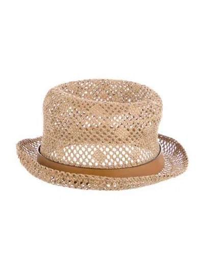 Pre-owned Gucci Leather-trimmed Straw Hat In Brown