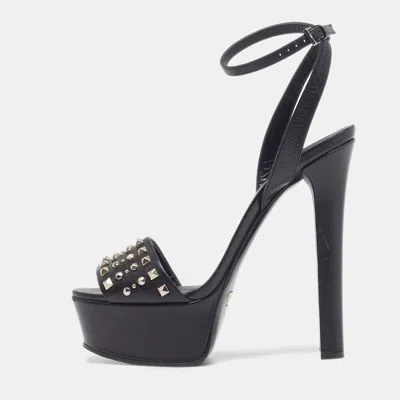 Pre-owned Gucci Leila Size 38 Black Leather Studded Ankle Strap Sandals