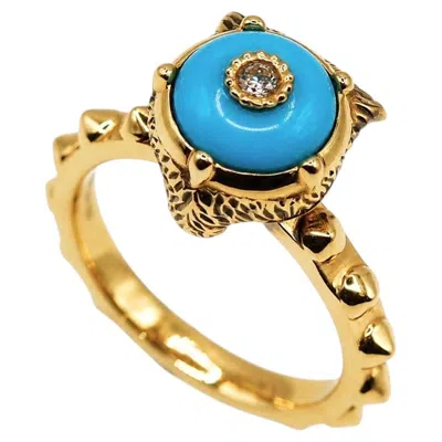 Pre-owned Gucci Leopard Head Turquoise Diamond 18k Yellow Gold Ring