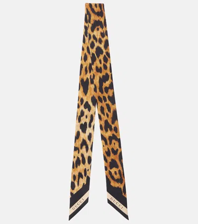 Gucci Leopard-print Silk Twill Scarf In Brown