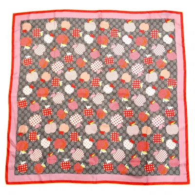 Pre-owned Gucci Les Pommes Apples & Hearts Print Monogram Silk Scarf In Brown