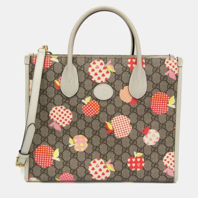 Pre-owned Gucci Les Pommes Small Beige Gg Supreme Coated Canvas Tote Bag In Sand