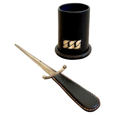 Pre-owned Gucci Letter Opener And Pen Holder In Leather, 1960s Italy In Black