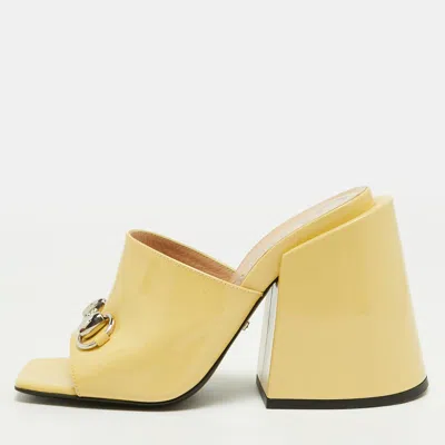 Pre-owned Gucci Lexi Size 36 Yellow Patent Leather Horsebit Chunky Block Heel Slide Sandals