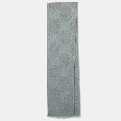 Pre-owned Gucci Light Blue & Grey Logo Intarsia Wool Shawl