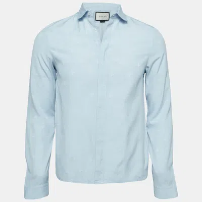Pre-owned Gucci Light Blue Bee And Star Embossed Cotton Shirt M