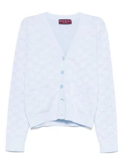 Gucci Light Blue Cotton Gg Jacquard Cardigan