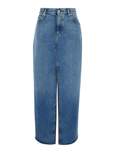 Gucci Light Blue Denim Midi Skirt With Horsebit In Cotton Woman In Animal Print