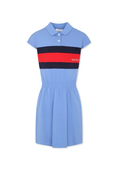 GUCCI LIGHT BLUE DRESS FOR GIRL WITH WEB DETAIL