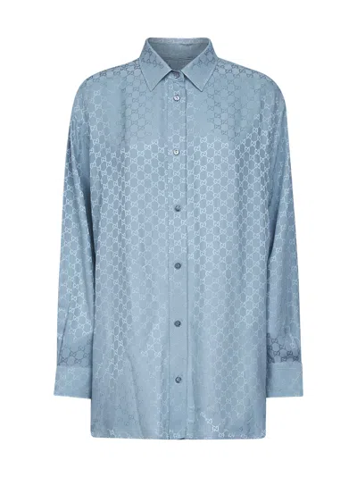 GUCCI LIGHT BLUE GG JACQUARD SILK OVERSIZED SHIRT