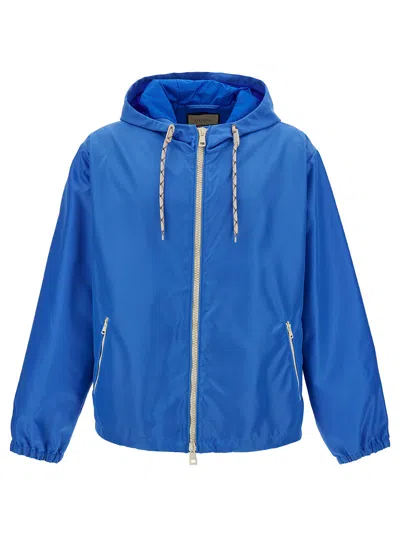 Gucci Light Blue Hooded Jacket With Web Logo Detail In Polaymide Man In Multicolor