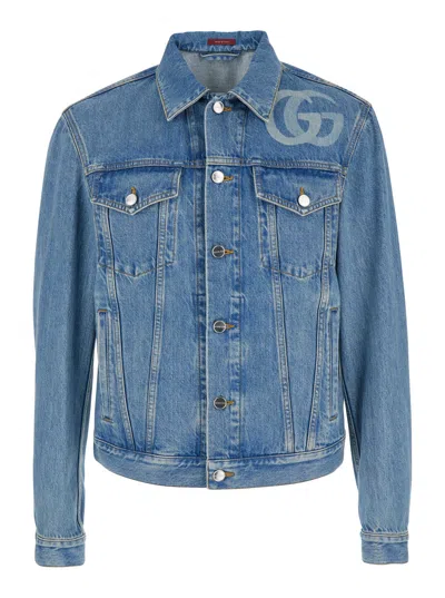 Gucci Light Blue Jacket With Gg Logo Print On The Front In Denim Man In Multicolor