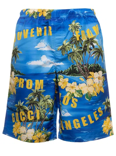 Gucci Light-blue Swim Shorts With All-over Graphic Print In Nylon Man In Multicolor