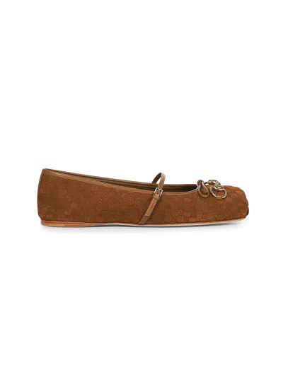 Gucci Beige Ballet Shoes With Horsebit And Bow Detail In Gg Canvas Woman In Multicolor