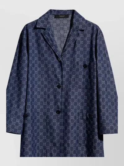Gucci Light Denim Coat Patterned Front Pockets Lapels In Blue