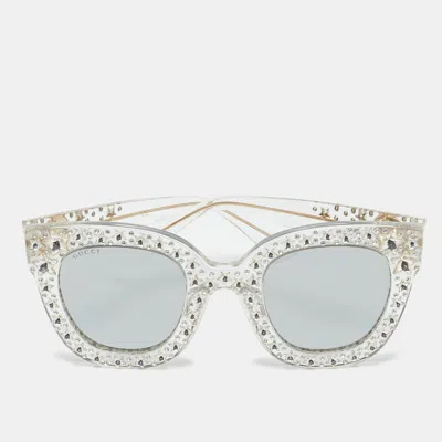 Pre-owned Gucci Light Grey Mirrored Gg0116s Crystal Embellished Square Sunglasses In Gray