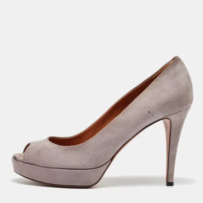 Pre-owned Gucci Light Grey Suede Peep Toe Platform Pumps Size 39