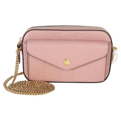 Pre-owned Gucci Light Pink Calfskin Debossed Gg Super Mini Chain Wallet