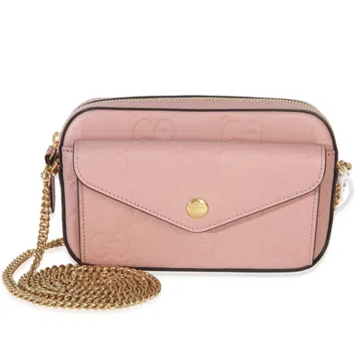 Pre-owned Gucci Light Pink Calfskin Debossed Gg Super Mini Chain Wallet
