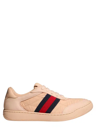 Gucci Light Pink Leather-trim Web Sneaker With Interlocking G Rubber Sole And Cushioned Insole In Neutral
