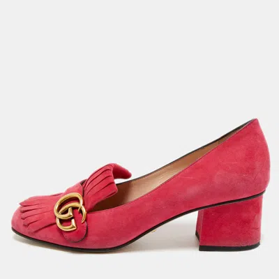 Pre-owned Gucci Light Pink Suede Gg Marmont Fringe Block Heel Pumps Size 39