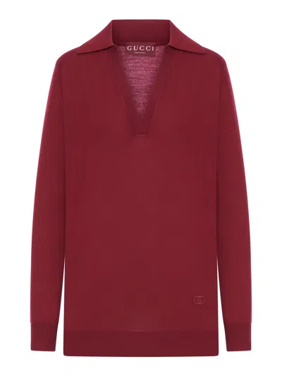 Gucci Lightweight Wool Polo Shirt With Embroidered Logo In Red