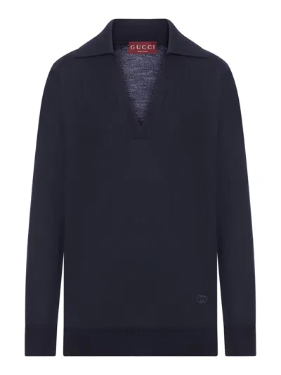 Gucci Lightweight Wool Polo Shirt With Embroidered Logo In Blue