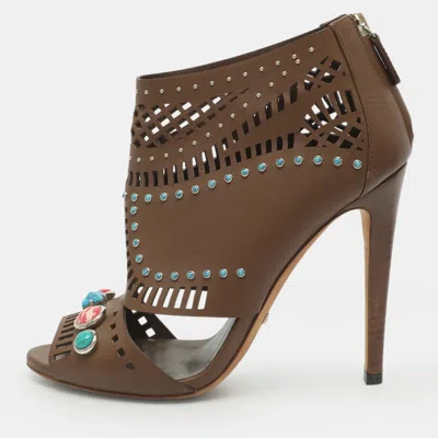 Pre-owned Gucci Lika Embellished Size 38 Brown Laser Cut Leather Booties