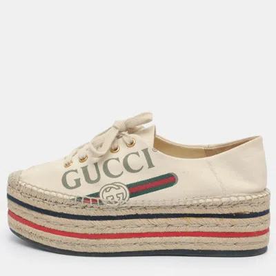 Pre-owned Gucci Lilibeth Size 37.5 Beige Canvas Espadrille Platform Sneakers In Sand